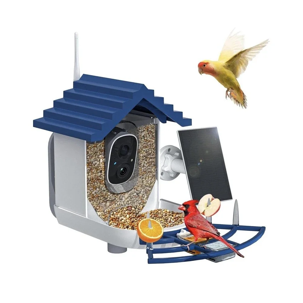 NEW Smart Video Bird Feeder Solar Panel  AI Bird Identification 2.4 G WIFI Blue